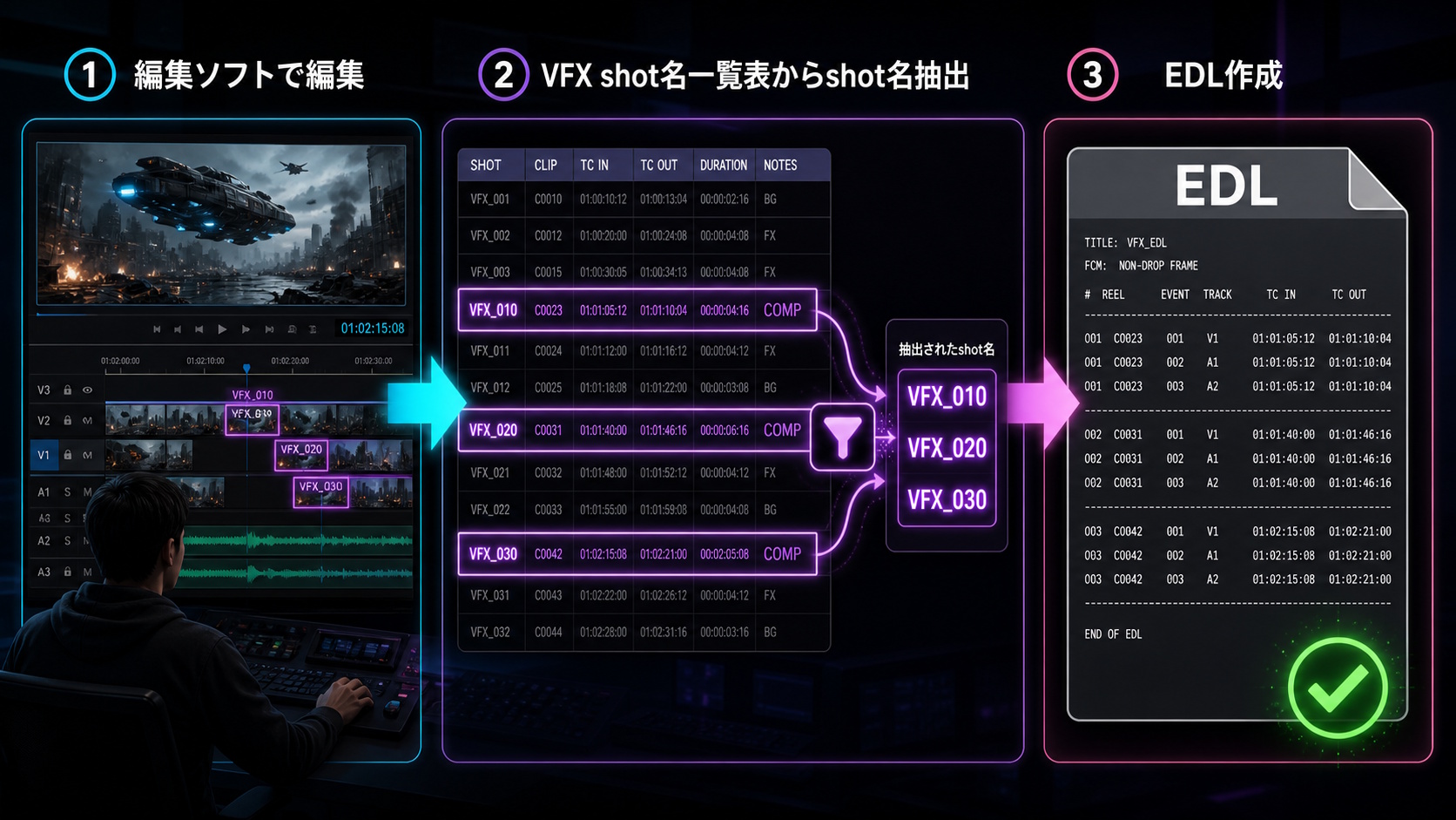 編集ソフトからVFXショット名を抽出してEDLを作成するワークフロー