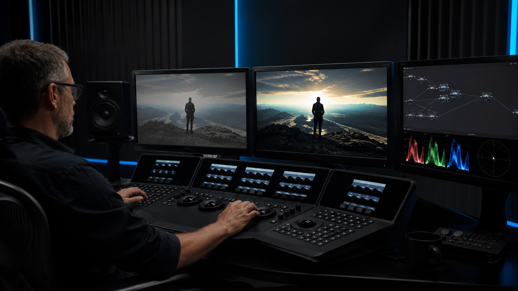 HDRとSDRの映像、ノード構成、RGBスコープを確認するポストプロダクションのカラーグレーディング環境